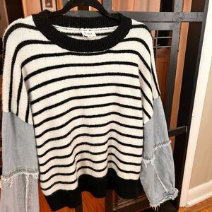BiBi Black and White Striped Sweater with Denim Accents